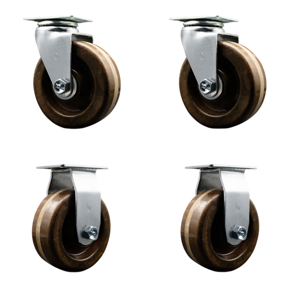 SCC-20S520-PHBZHT-2-R-2 Swivel & Rigid Plate Caster Set Black 5 in. by 2 in. High Temperature Phenolic Wheel Bronze Bearing