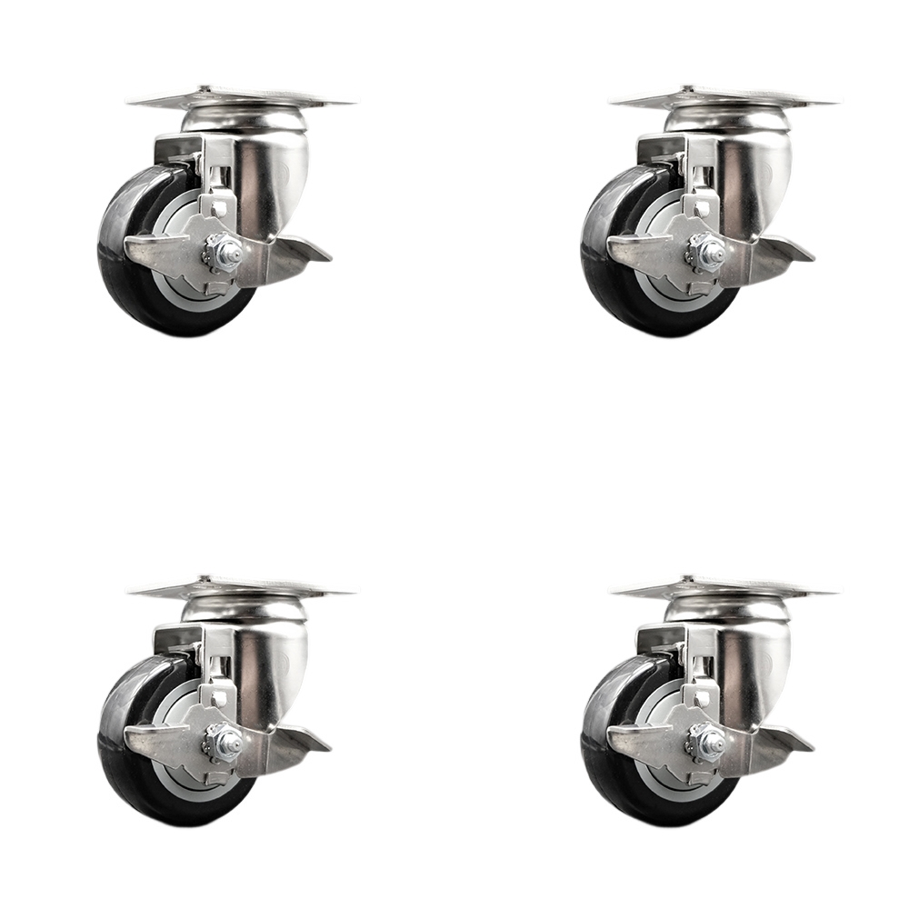 SCC-SS31620S314-PPUB-BLK-TLB-4 Polyurethane Swivel Top Plate Caster with 3 in. 316 Stainless Steel Black Wheels - Set of 4