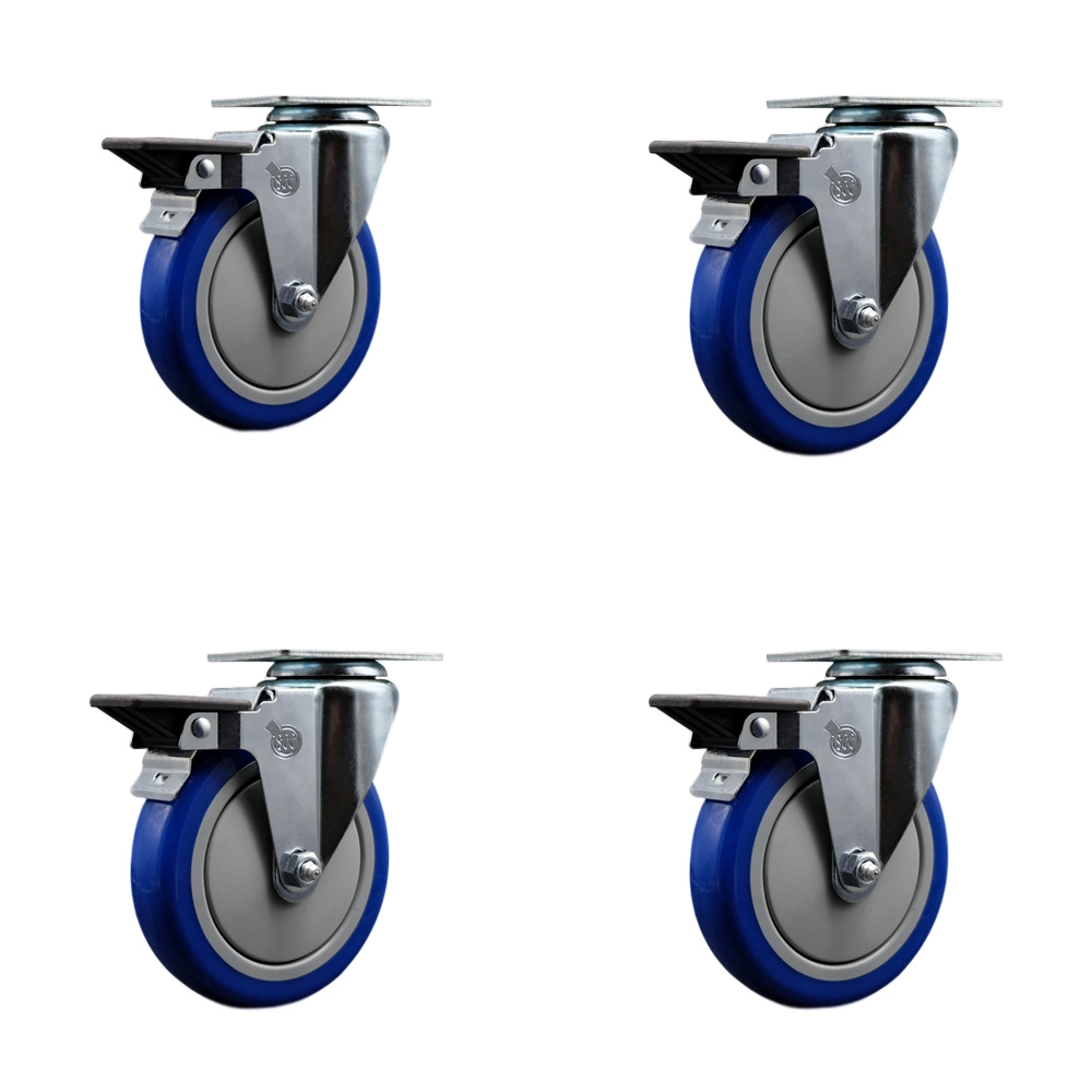 SCC-20S514-PPUB-BLUE-PLB-4 Polyurethane Swivel Top Plate Caster with 5 in. Blue Wheels - Set of 4