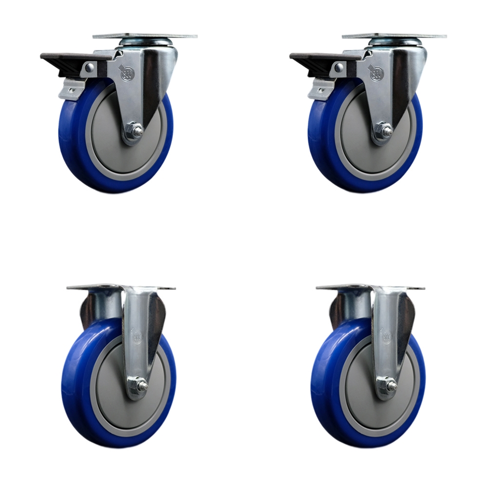 SCC-20S514-PPUB-BLUE-PLB-2-R-2 Polyurethane Swivel Top Plate Caster with 5 in. Blue Wheels - Set of 4