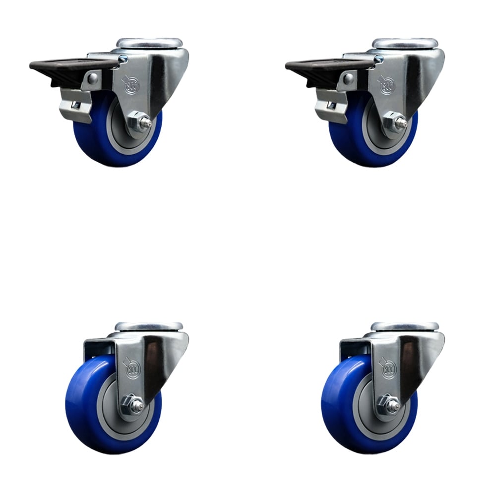 SCC-BH20S314-PPUB-BLUE-PLB-2-S-2 Polyurethane Swivel Bolt Hole Caster with 3 x 1.25 in. Blue Wheels - Set of 4