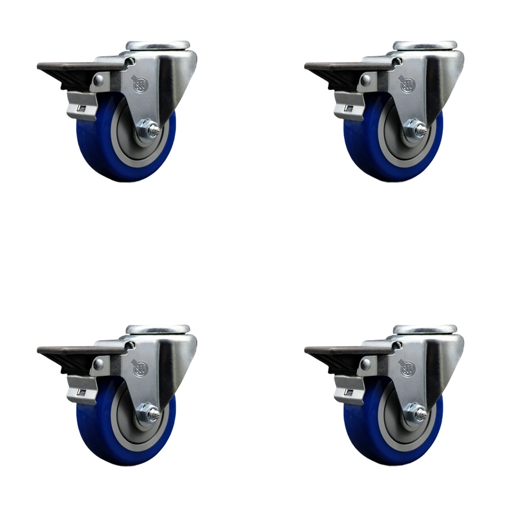 SCC-BH20S3514-PPUB-BLUE-PLB-4 Polyurethane Swivel Bolt Hole Caster with 3.5 x 1.25 in. Blue Wheels - Set of 4
