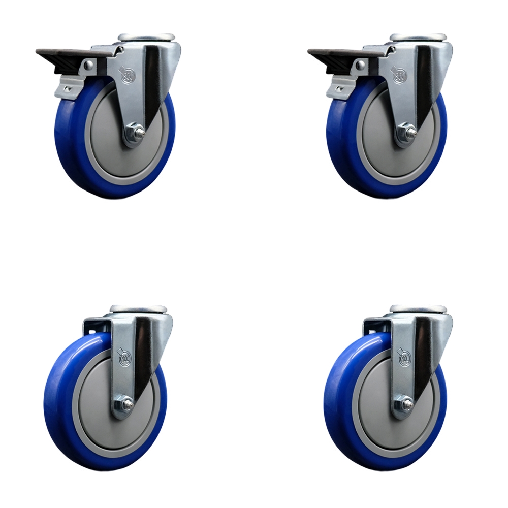 SCC-BH20S514-PPUB-BLUE-PLB-2-S-2 Polyurethane Swivel Bolt Hole Caster with 5 x 1.25 in. Blue Wheels - Set of 4