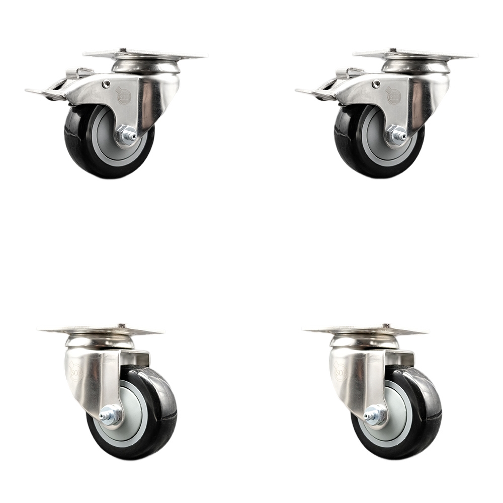 SCC-SS316TTL20S314-PPUB-BLK-2-S-2 Polyurethane Swivel Top Plate Caster with 3 in. 316 Stainless Steel Black Wheels - Set of 4
