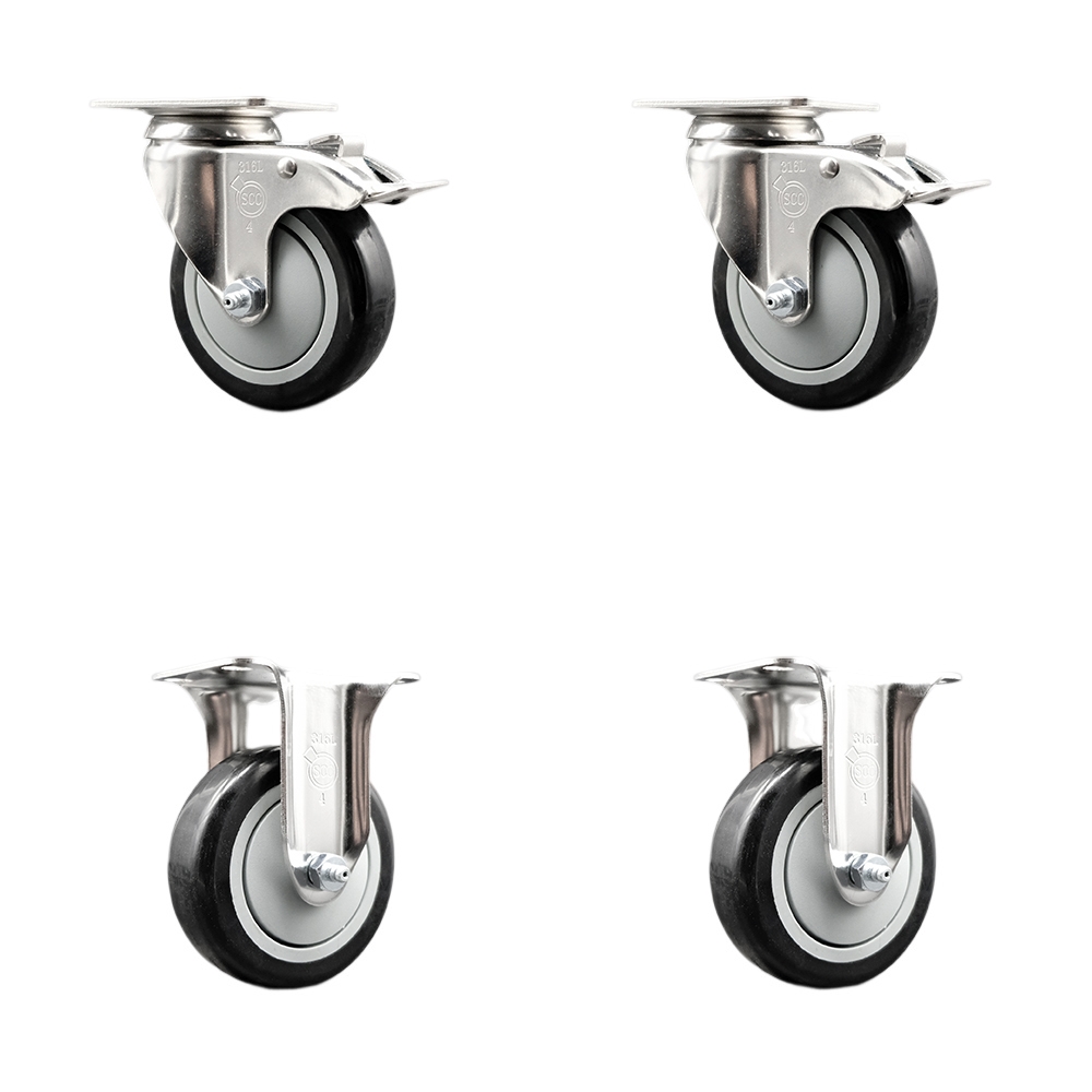 SCC-SS316TTL20S414-PPUB-BLK-2-R-2 Polyurethane Swivel Top Plate Caster with 4 in. 316 Stainless Steel Black Wheels - Set of 4
