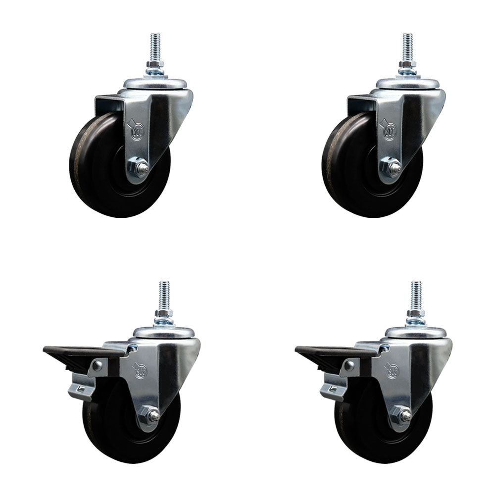 SCC-TS20S3514-PHR-M1215-2-PLB-2 Phenolic Swivel Threaded Stem Caster with 3.5 x 1.25 in. Black Wheels & 12 mm Stems - Set of 4
