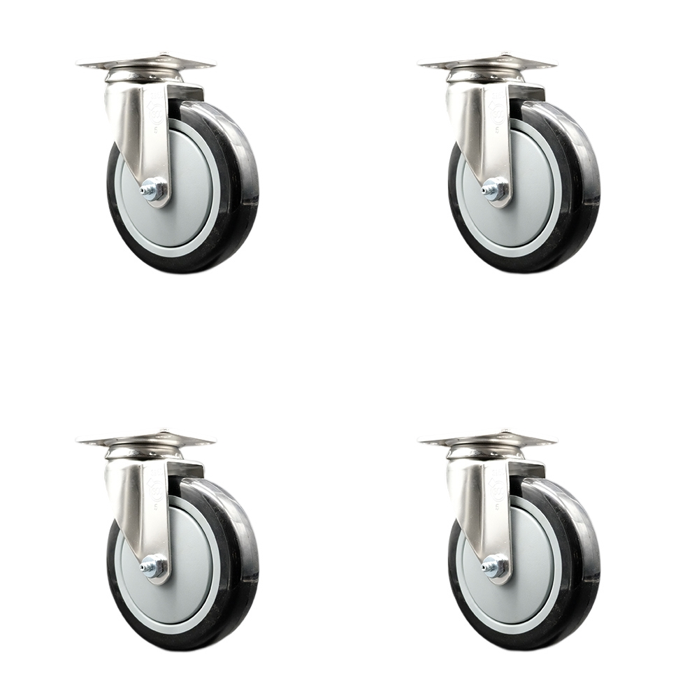 SCC-SS31620S514-PPUB-BLK-4 Polyurethane Swivel Top Plate Caster with 5 in. 316 Stainless Steel Black Wheels - Set of 4