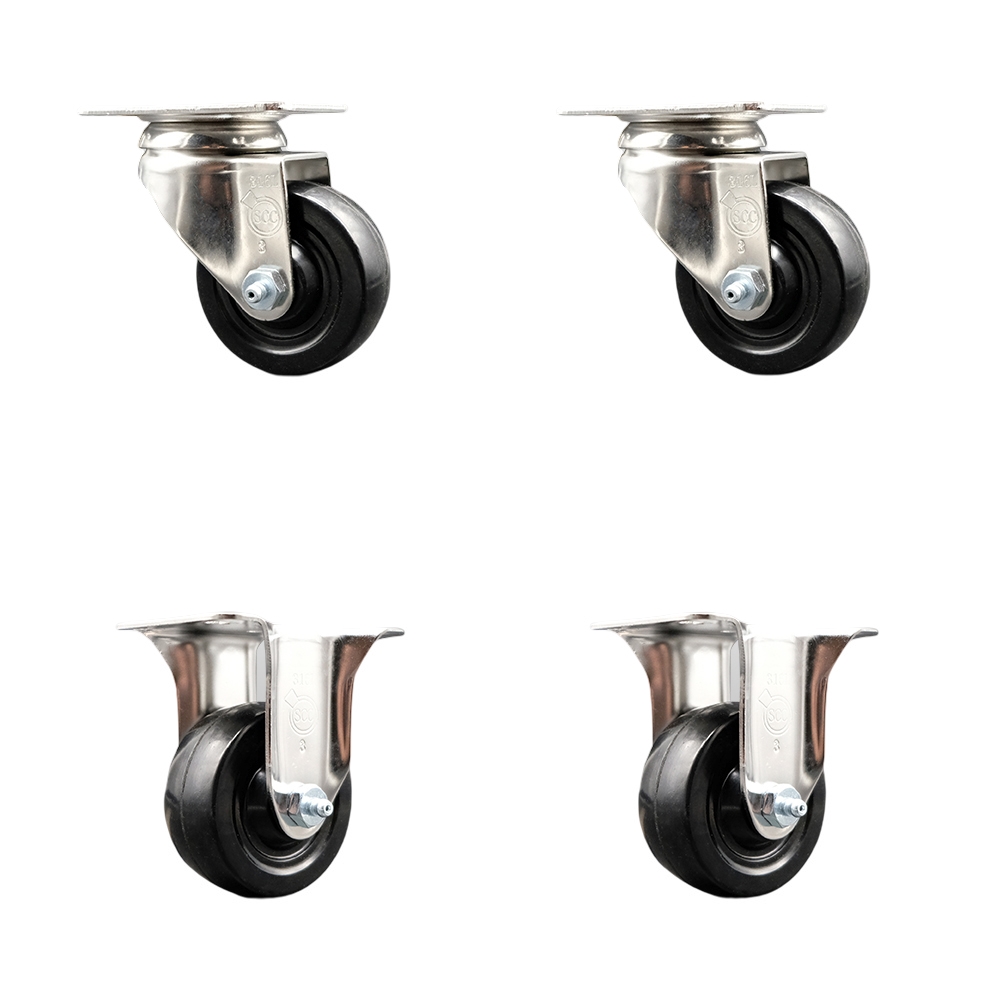 SCC-SS31620S314-HRS-2-R-2 Hard Rubber Swivel Top Plate Caster with 3 in. Black Caster Wheels - 316 Stainless Steel Casters - Set of 4