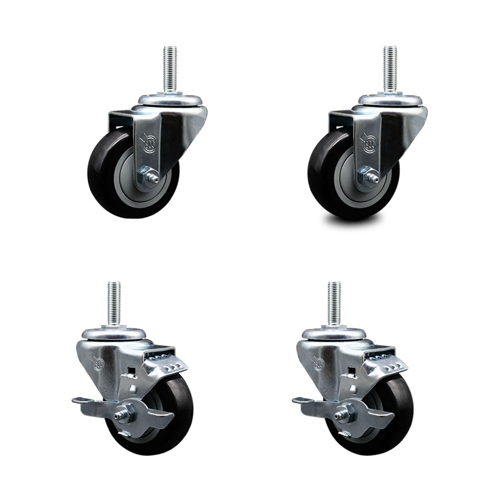 SCC-TS20S314-PPUB-BLK-34212-2-TLB-2 Polyurethane Swivel Threaded Stem Caster with 3 x 1.25 in. Black Wheels & 0.75 in. Stems - Set of 4
