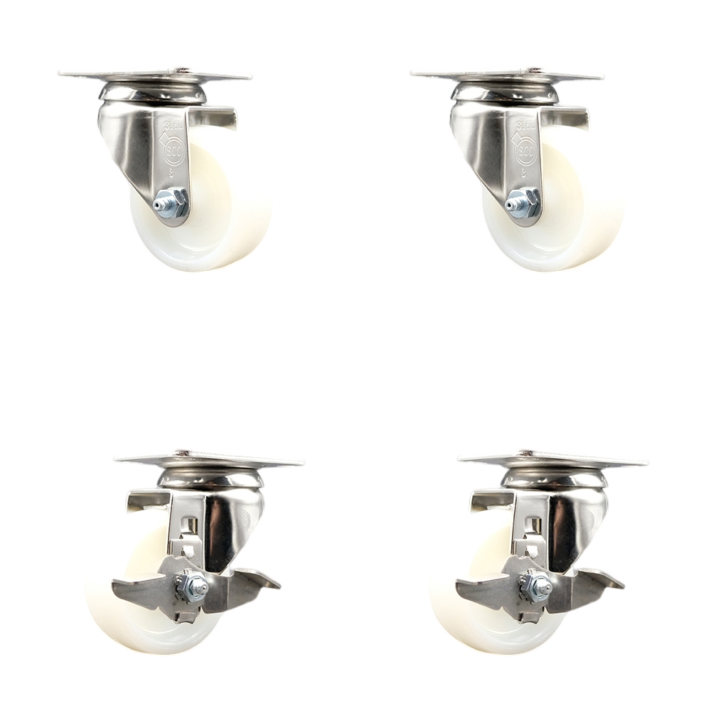 SCC-SS31620S314-NYS-2-TLB-2 Nylon Swivel Top Plate Caster with 3 in. White Caster Wheels - 316 Stainless Steel Casters - Set of 4