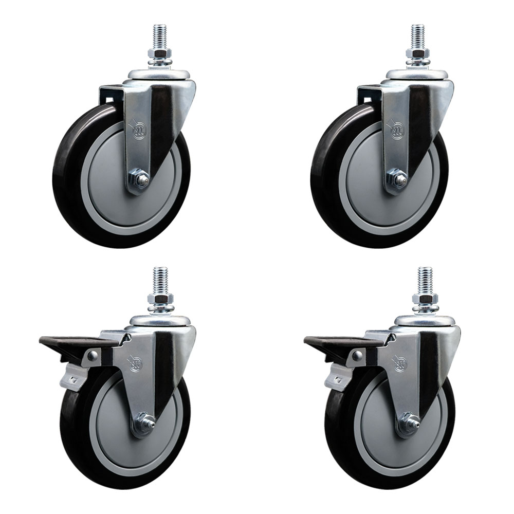 SCC-TS20S514-PPUB-BLK-M1015-2-PLB-2 Polyurethane Swivel Threaded Stem Caster with 5 x 1.25 in. Black Wheels & 10 mm Stems - Set of 4