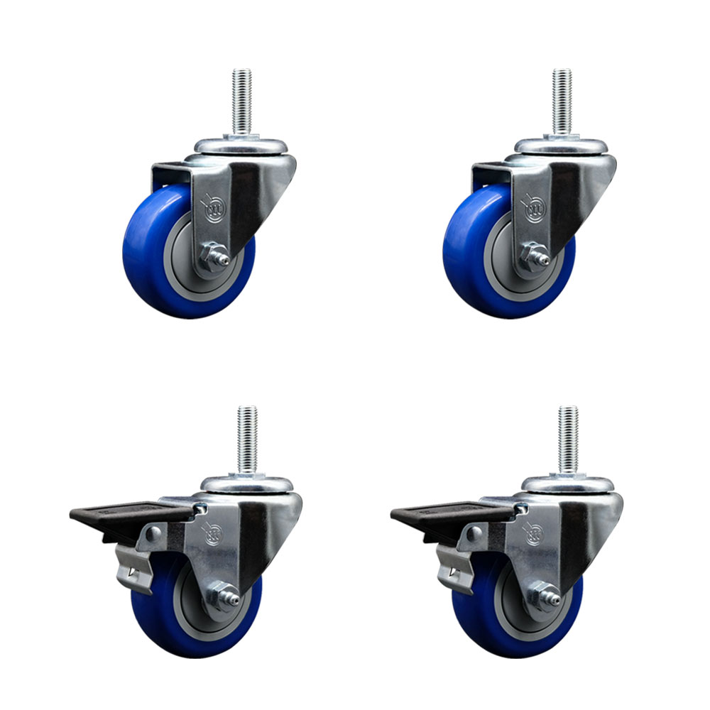 SCC-TS20S314-PPUB-BLUE-34212-2-PLB-2 Polyurethane Swivel Threaded Stem Caster with 3 x 1.25 in. Blue Wheels & 0.75 in. Stems - Set of 4