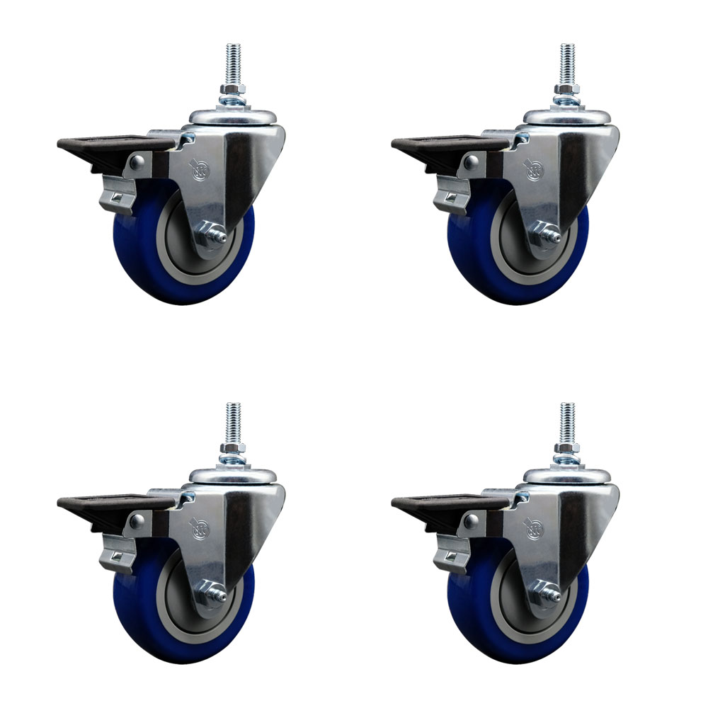 SCC-TS20S3514-PPUB-BLUE-PLB-M1215-4 Polyurethane Swivel Threaded Stem Caster with 3.5 x 1.25 in. Blue Wheels & 12 mm Stems - Set of 4