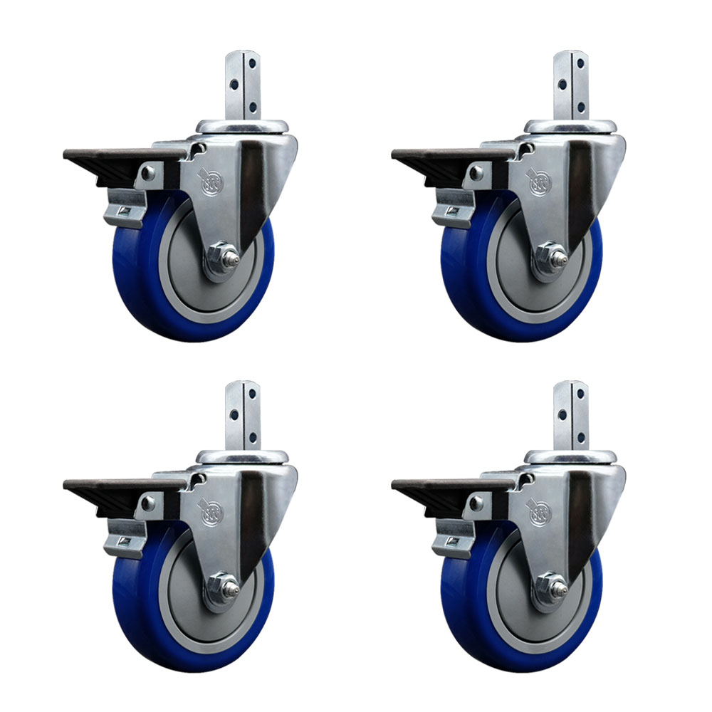 Swivel Square Stem Caster with 4 x 1.25 in. Blue Poly Wheel, 0.87 x 2 in. Square Stem with 3 0.26 in. Diameter Mounting Holes - Set of 4