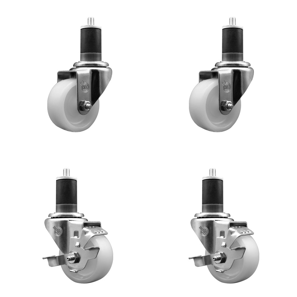 SCC-SSEX20S314-NYS-2-TLB-2-158 Stainless Steel Nylon Swivel Expanding Stem Caster with 3 in. White Wheels & 1.63 in. Stems - Set of 4