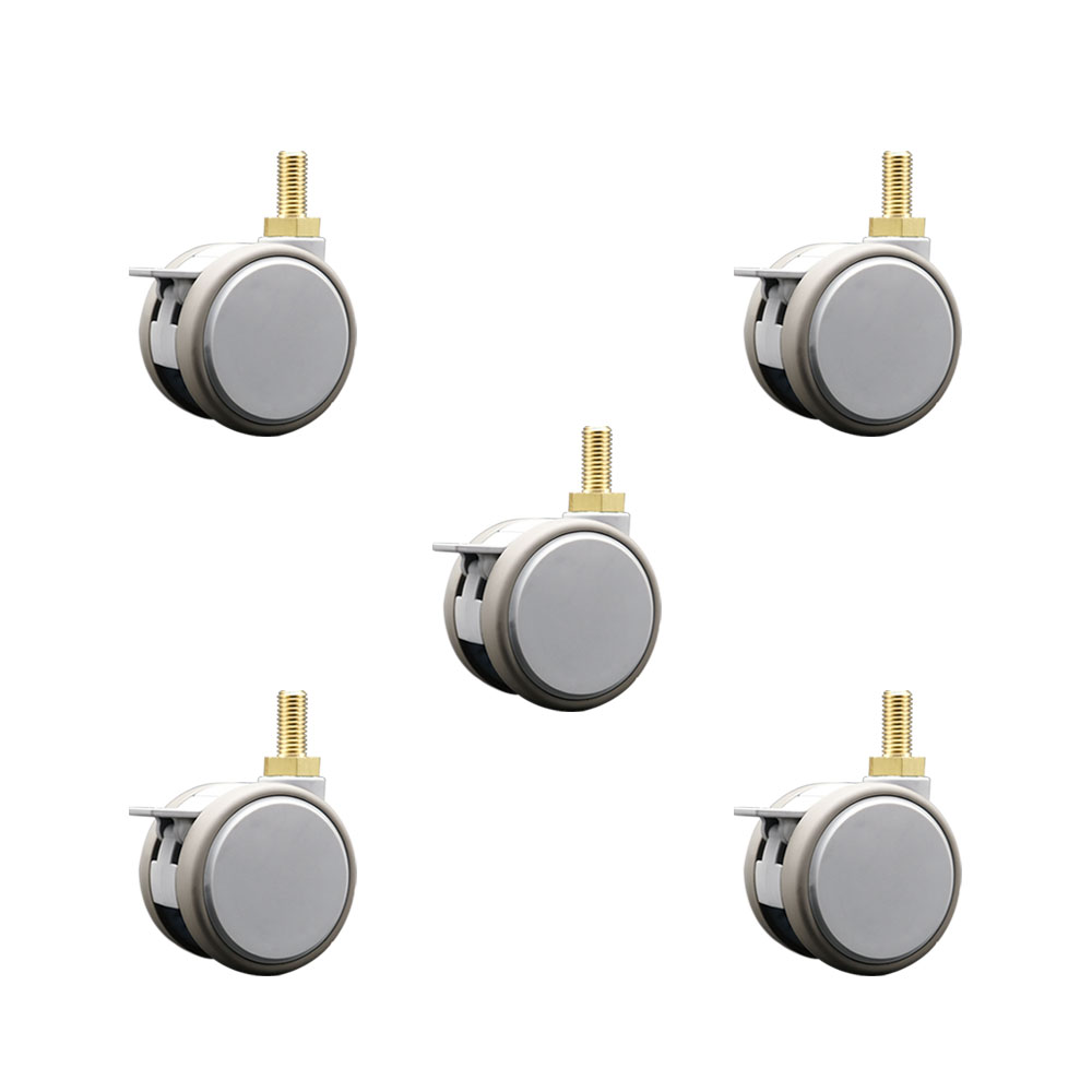 2.375 in. MRI Safe Swivel Casters with Brakes Quiet Non-Marking Gray Rubber Twin Wheels 12 mm 1.75 TPI x 22 mm Threaded Stems - Set of 5
