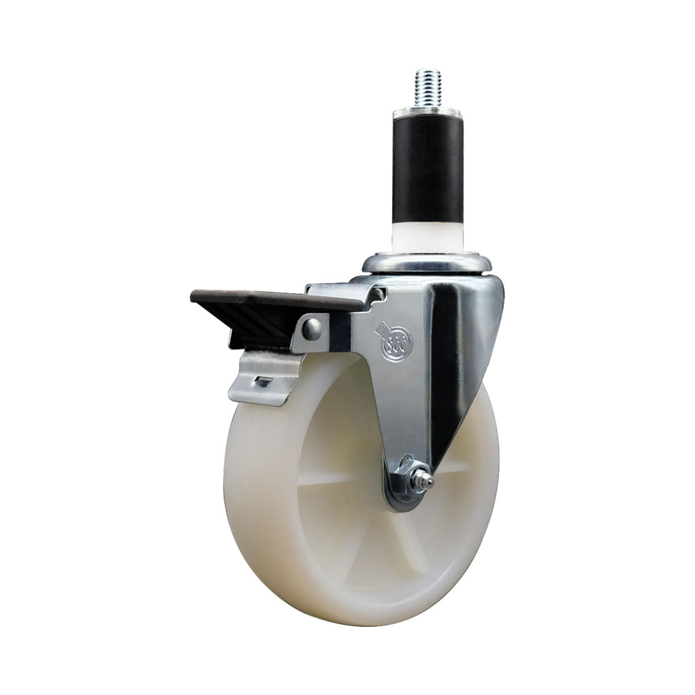 SCC-EX20S514-NYS-PLB-138 Nylon Expanding Stem Swivel Caster with 5 in. White Wheel & 1.38 in. Stem & Posi Locking Brake