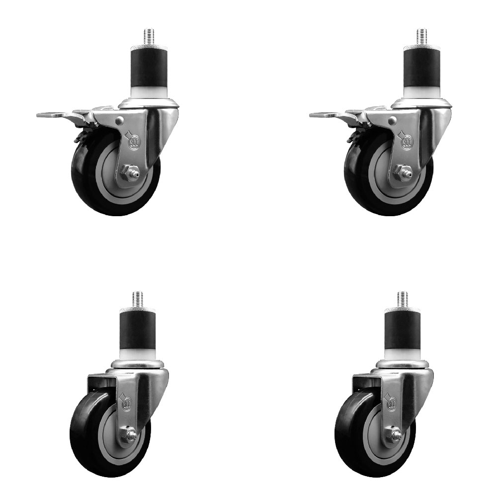 SCC-SSEXTTL20S3514-PPUB-BLK-2-S2-178 Stainless Steel Polyurethane Swivel Expanding Stem Caster with 3.5 in. Black Wheels & 1.87 in. Stems - Set of 4