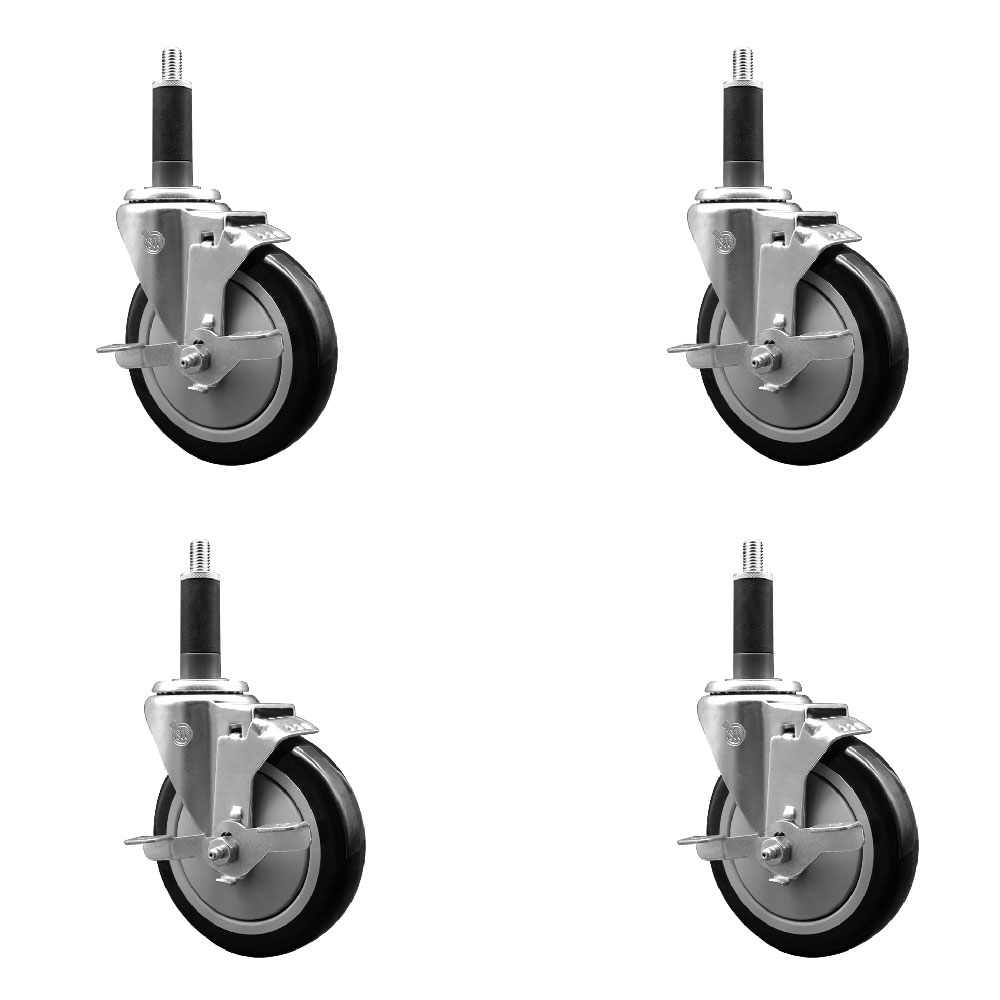 Stainless Steel Polyurethane Swivel Expanding Stem Caster with 5 in. Black Wheels & 1 in. Stems 4 Swivel with Top Locking Brakes - Set of 4