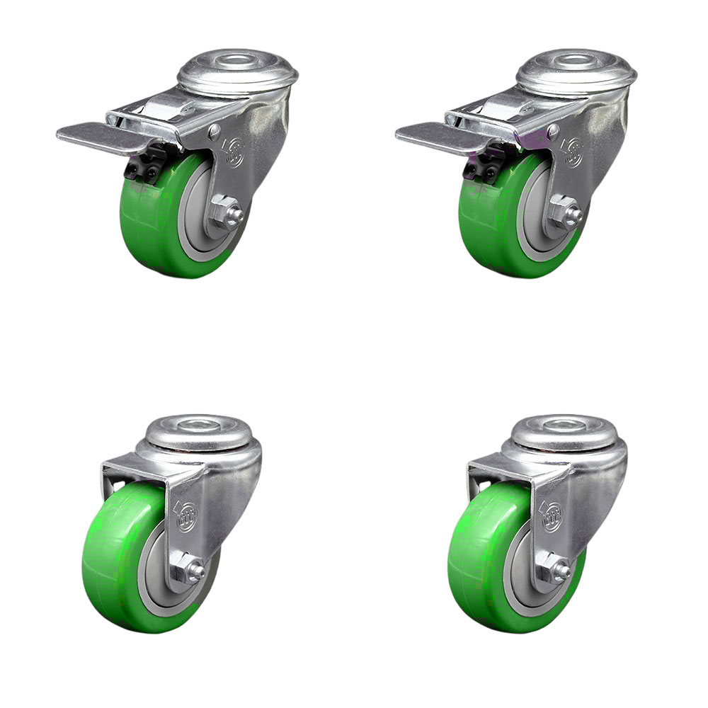 SCC-BHTTL20S314-PPUB-GRN-2-S-2 Polyurethane Swivel Bolt Hole Caster with 3 x 1.25 in. Green Wheels - Set of 4