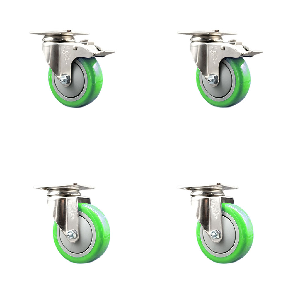 SCC-SS316TTL20S414-PPUB-GRN-2-S-2 Polyurethane Swivel Top Plate Caster with 4 in. 316 Stainless Steel Green Wheels - Set of 4