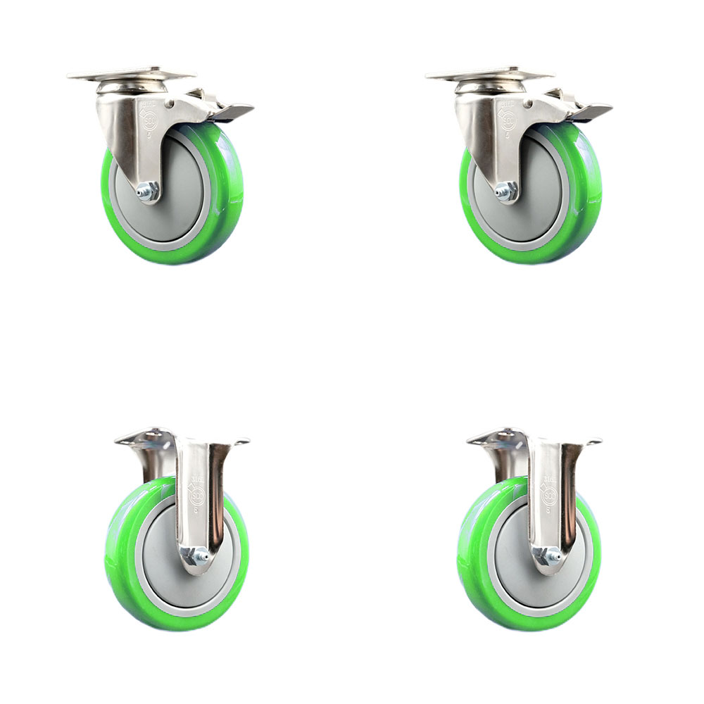 SCC-SS316TTL20S514-PPUB-GRN-2-R-2 Polyurethane Swivel Top Plate Caster with 5 in. 316 Stainless Steel Green Wheels - Set of 4