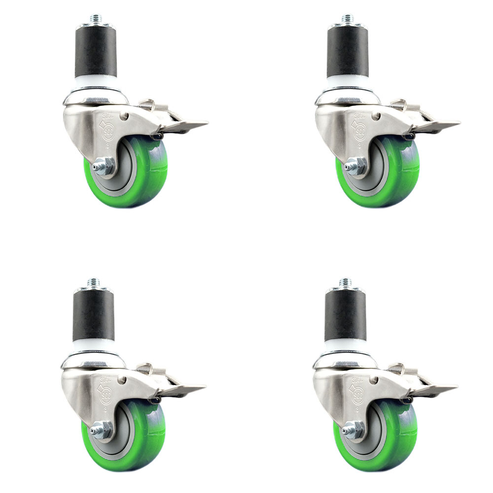 Polyurethane Swivel Stem Caster with 3 in. Green Caster Wheels, 1.75 in. Expanding Stems - 316 Stainless Steel Casters - Set of 4