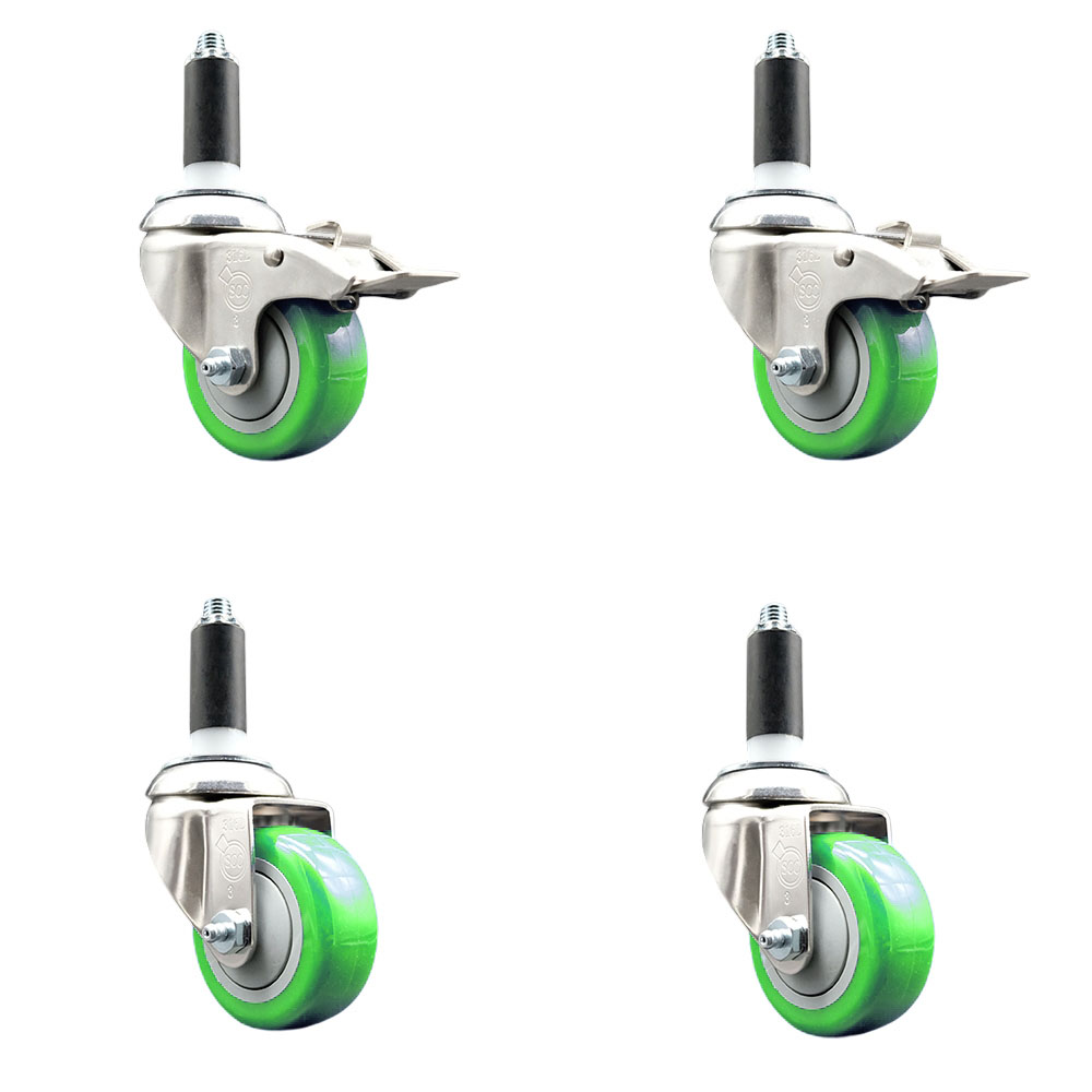 Polyurethane Swivel Stem Caster with 3 in. Green Caster Wheels, 1 in. Expanding Stem - 316 Stainless Steel Casters - Set of 4