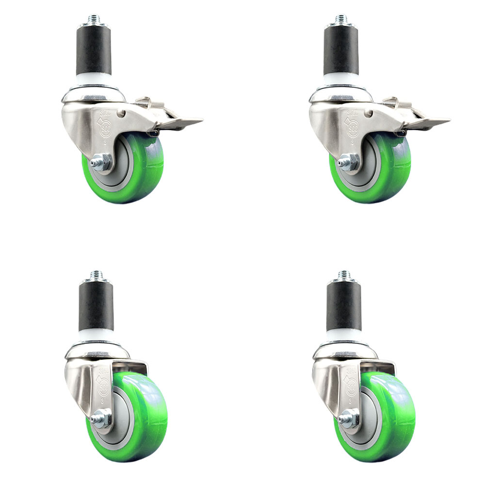 Polyurethane Swivel Stem Caster with 3 in. Green Caster Wheels, 1.5 in. Expanding Stem - 316 Stainless Steel Casters - Set of 4