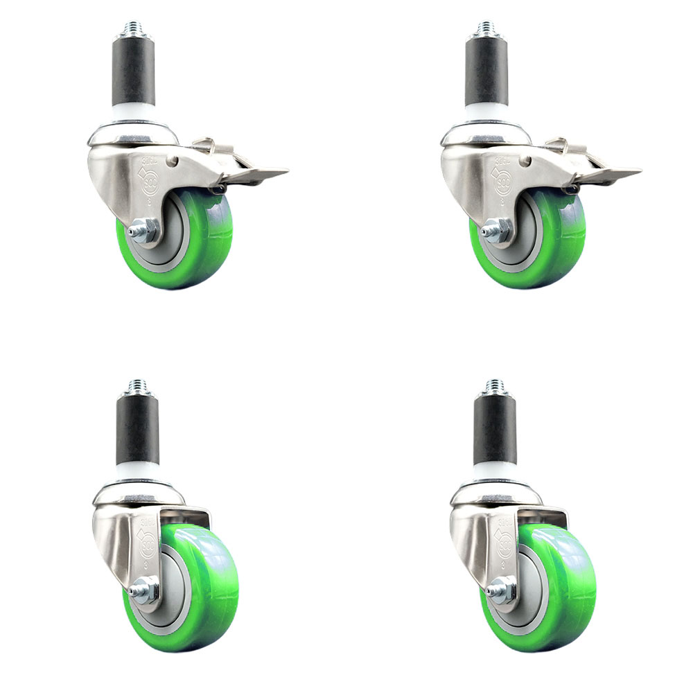 Polyurethane Swivel Stem Caster with 3 in. Green Caster Wheels, 1.25 in. Expanding Stem - 316 Stainless Steel Casters - Set of 4