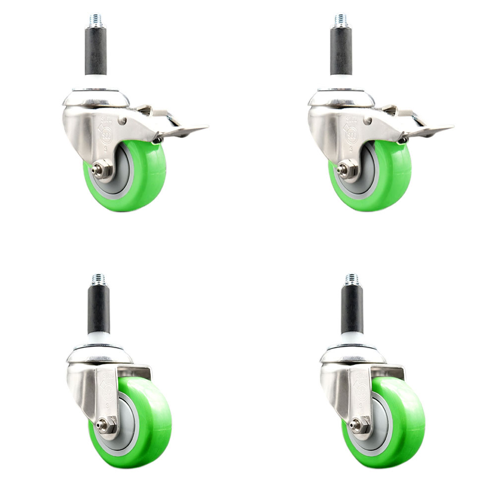 Polyurethane Swivel Stem Caster with 3.5 in. Green Caster Wheels, 0.75 in. Expanding Stem - 316 Stainless Steel Casters - Set of 4