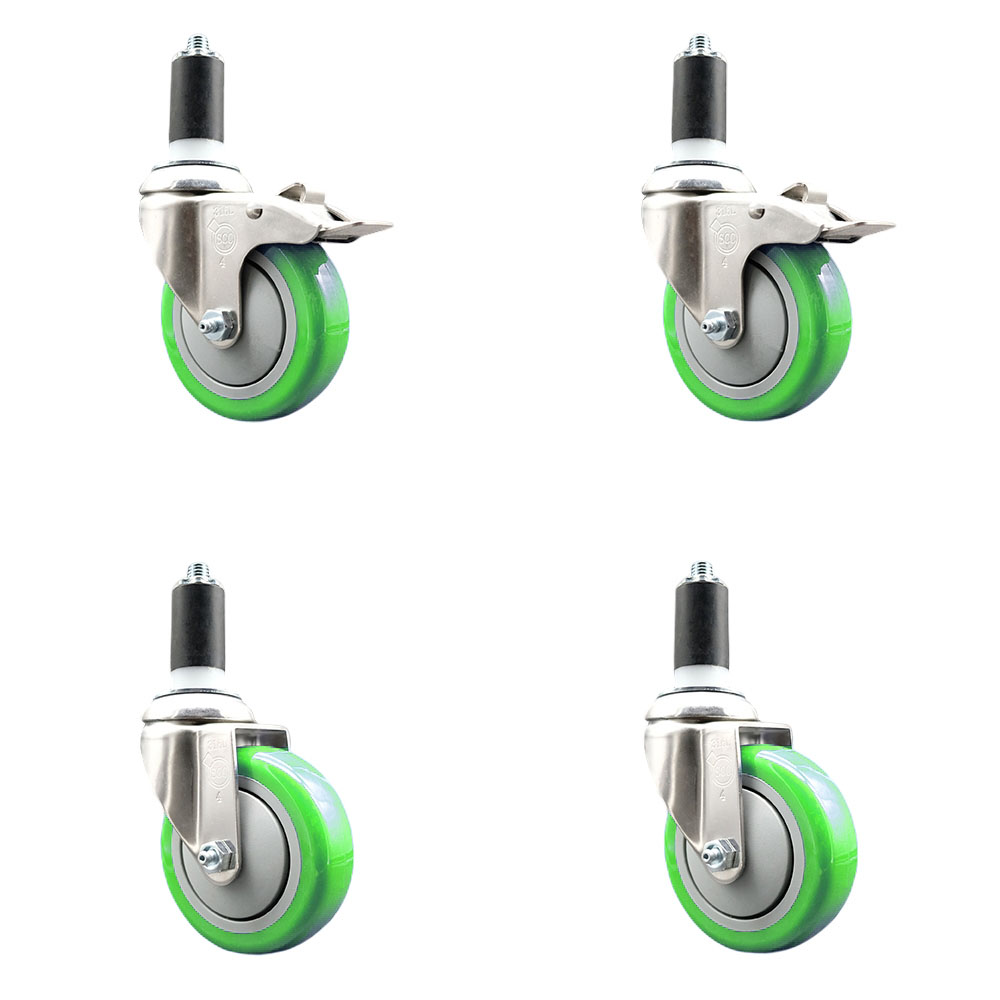 Polyurethane Swivel Stem Caster with 4 in. Green Caster Wheels, 1.38 in. Expanding Stem - 316 Stainless Steel Casters - Set of 4