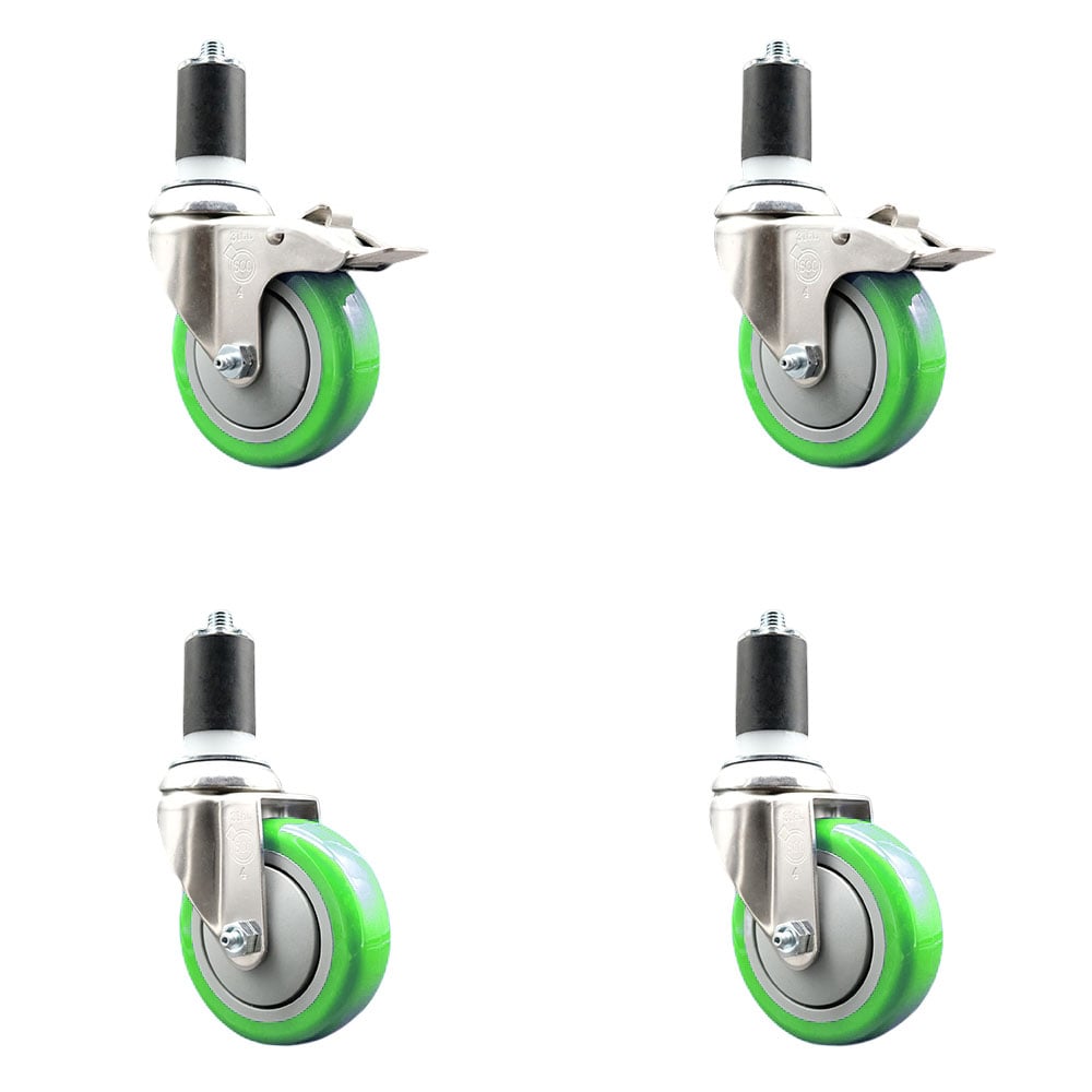 Polyurethane Swivel Stem Caster with 4 in. Green Caster Wheels, 1.63 in. Expanding Stem - 316 Stainless Steel Casters - Set of 4