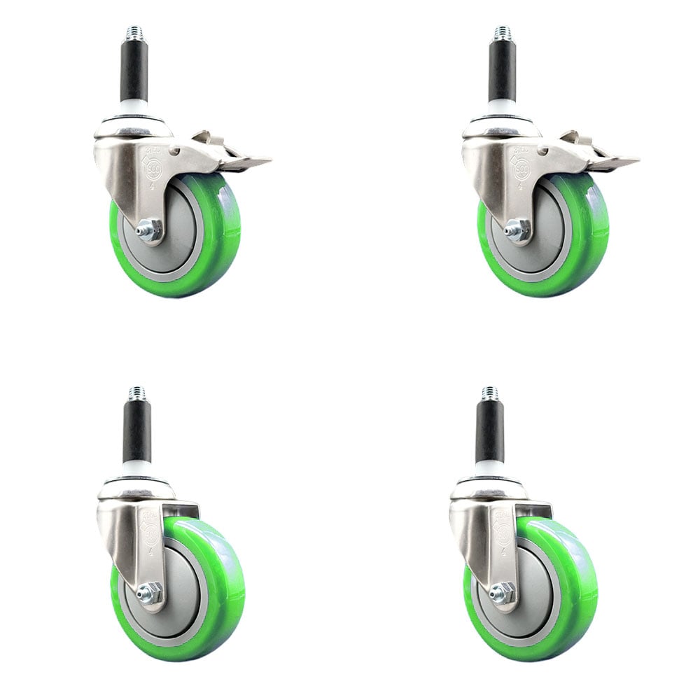 Polyurethane Swivel Stem Caster with 4 in. Green Caster Wheels, 0.75 in. Expanding Stem - 316 Stainless Steel Casters - Set of 4