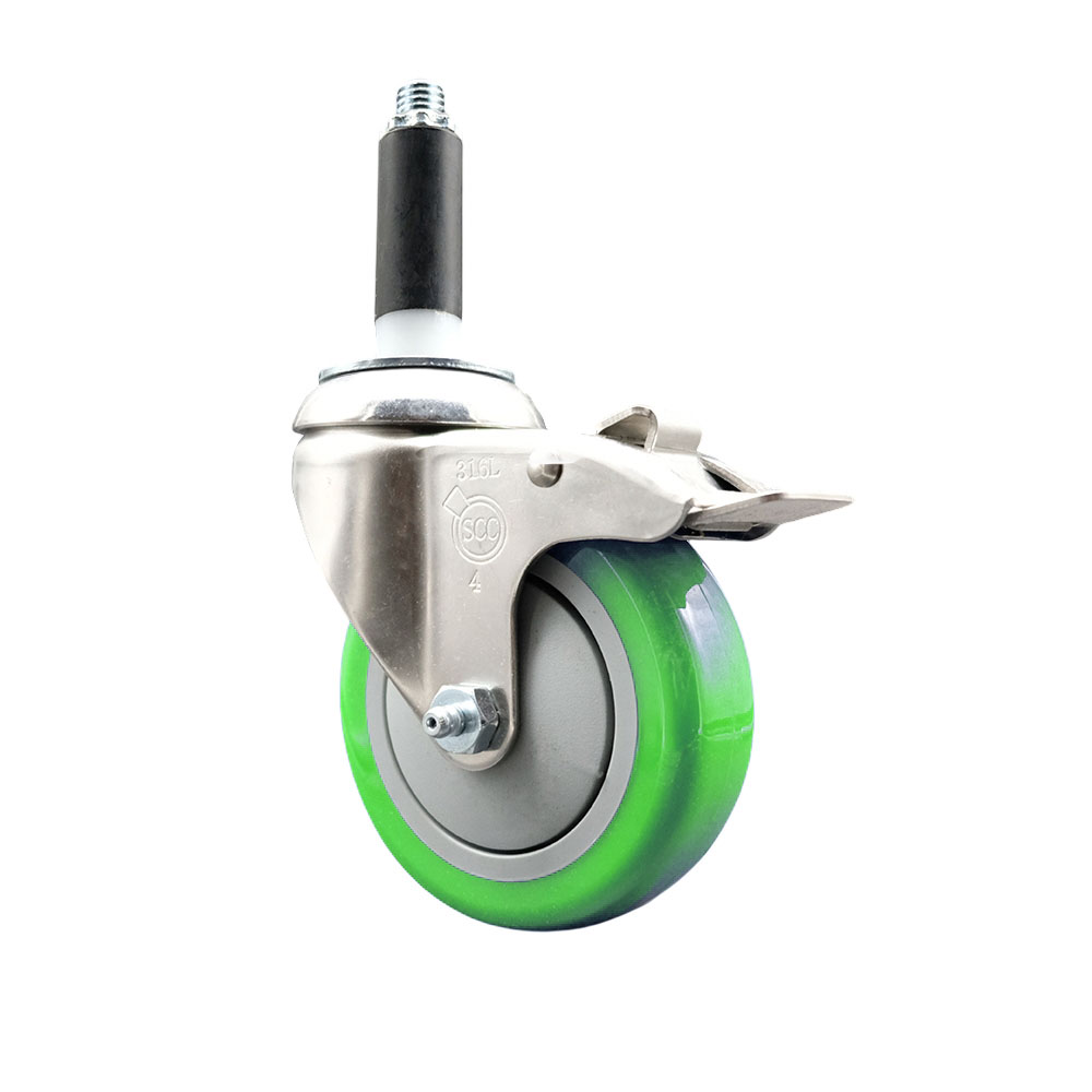 Polyurethane Swivel Stem Caster with 4 in. Green Caster Wheels & Total Lock Brake, 0.75 in. Expanding Stem - 316 Stainless Steel Caster