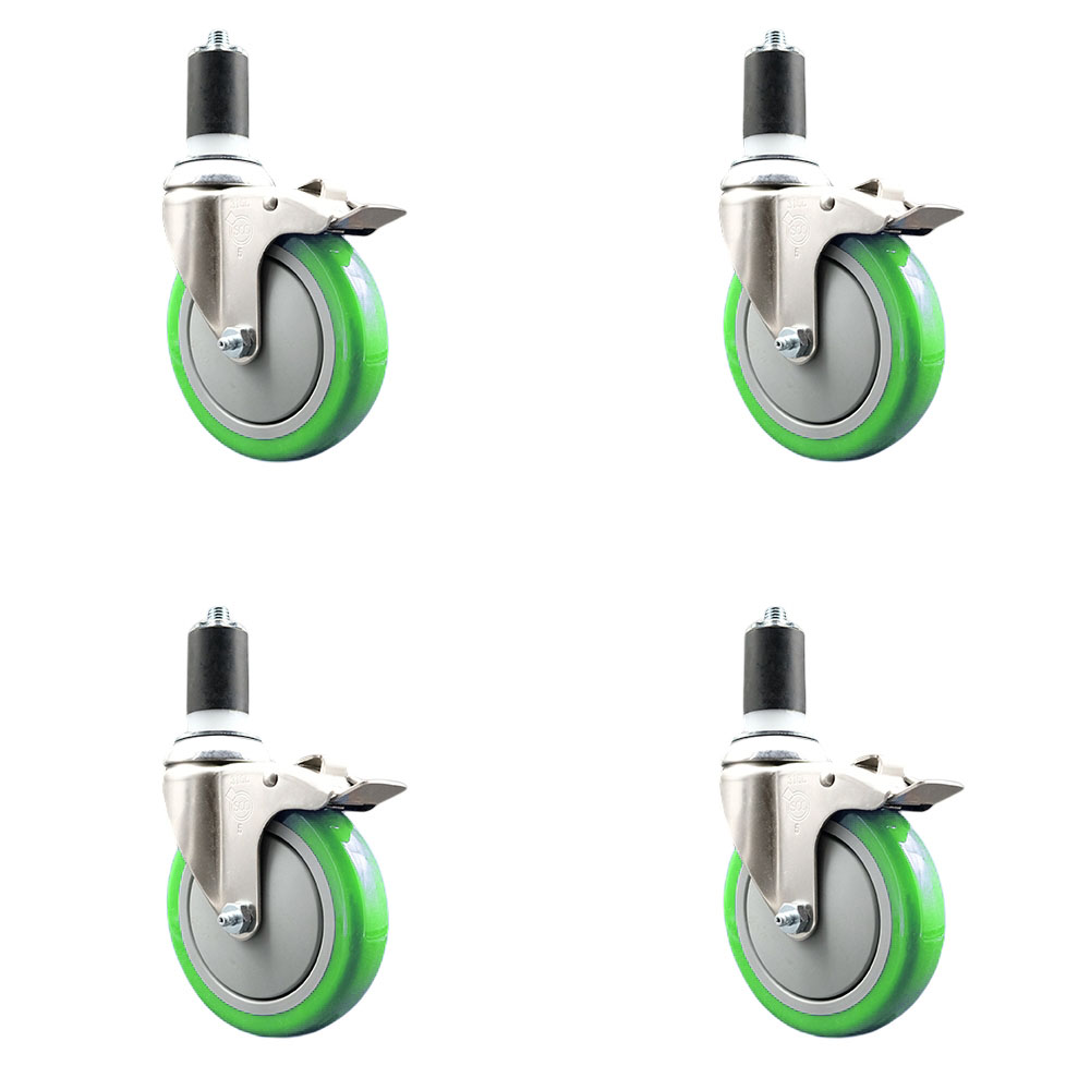 Polyurethane Swivel Stem Caster with 5 in. Green Caster Wheels, 1.5 in. Expanding Stems - 316 Stainless Steel Casters - Set of 4
