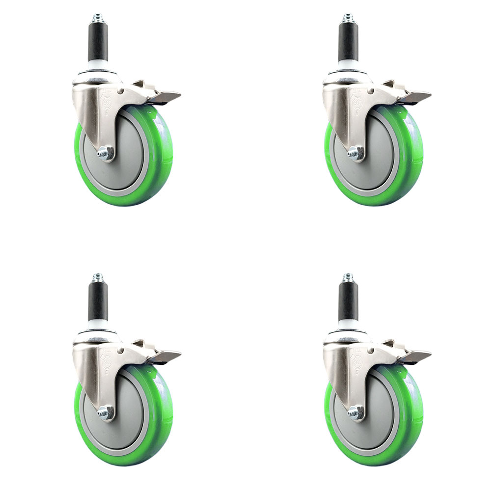 Polyurethane Swivel Stem Caster with 5 in. Green Caster Wheels, 1.13 in. Expanding Stems - 316 Stainless Steel Casters - Set of 4