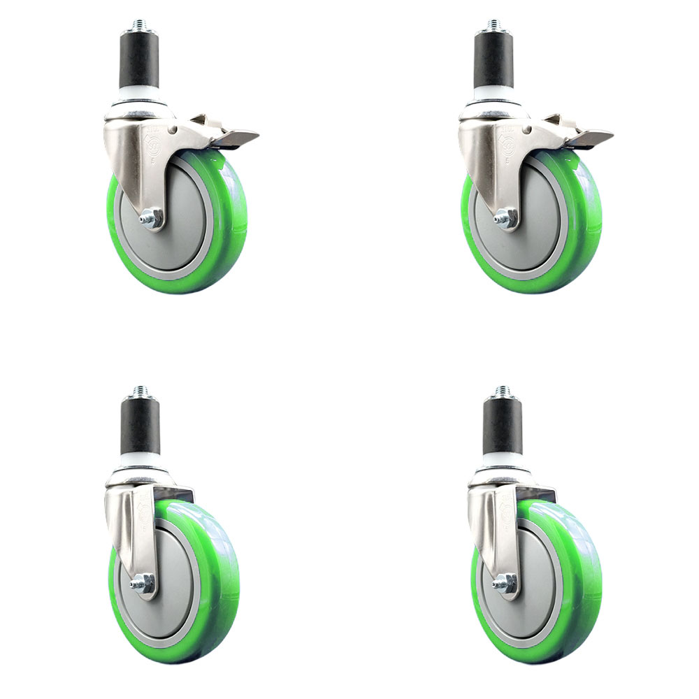 Polyurethane Swivel Stem Caster with 5 in. Green Caster Wheels, 1.63 in. Expanding Stem - 316 Stainless Steel Casters - Set of 4