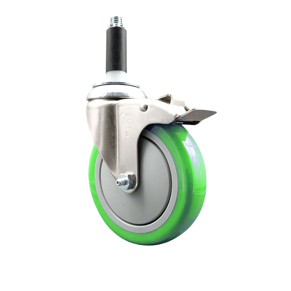Polyurethane Swivel Stem Caster with 5 in. Green Caster Wheels & Total Lock Brake, 0.75 in. Expanding Stem - 316 Stainless Steel Caster