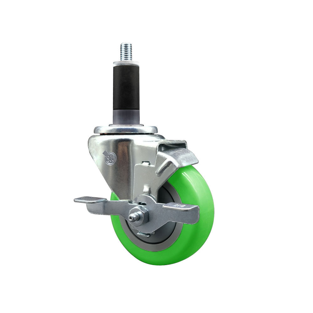 Stainless Steel Polyurethane Expanding Stem Swivel Caster with 3.5 in. Green Wheel & 1.13 in. Stem & Top Locking Brake