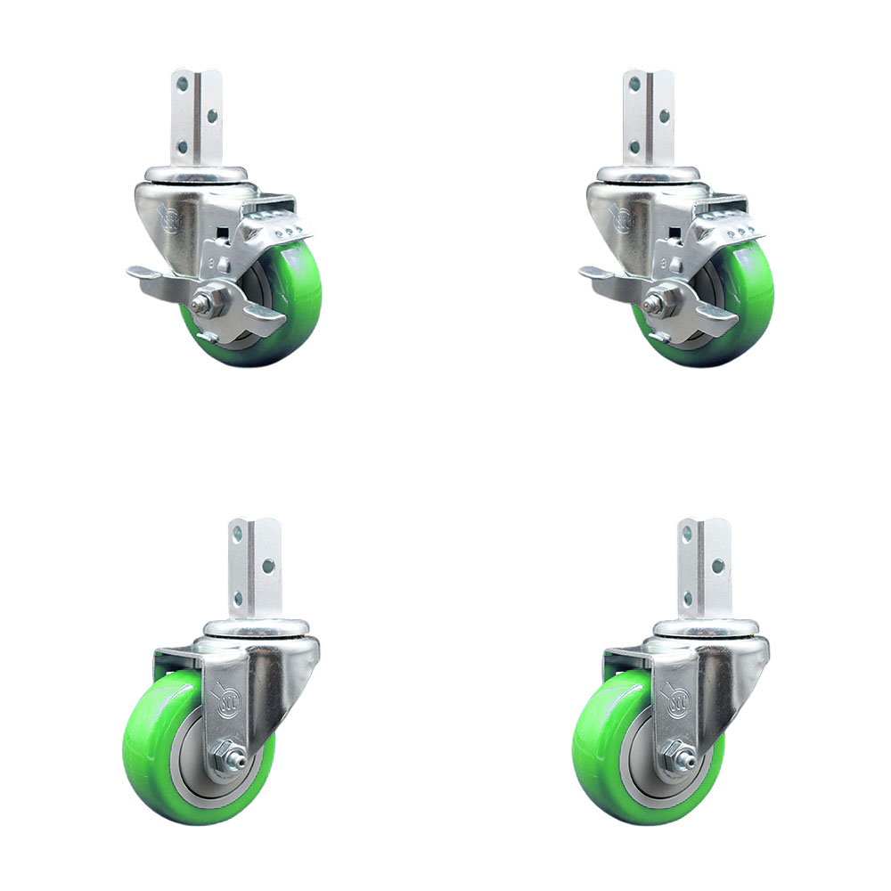 Swivel Square Stem Caster with 3 x 1.25 in. Green Poly Wheel, 0.75 x 2 in. Square Stem with 3 0.26 in. Diameter Mounting Holes - Set of 4