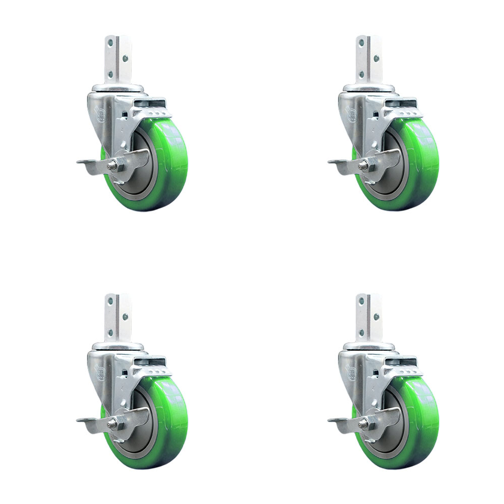 Swivel Square Stem Caster with 4 x 1.25 in. Green Poly Wheel, 0.75 x 2 in. Square Stem with 3 0.26 in. Diameter Mounting Holes - Set of 4