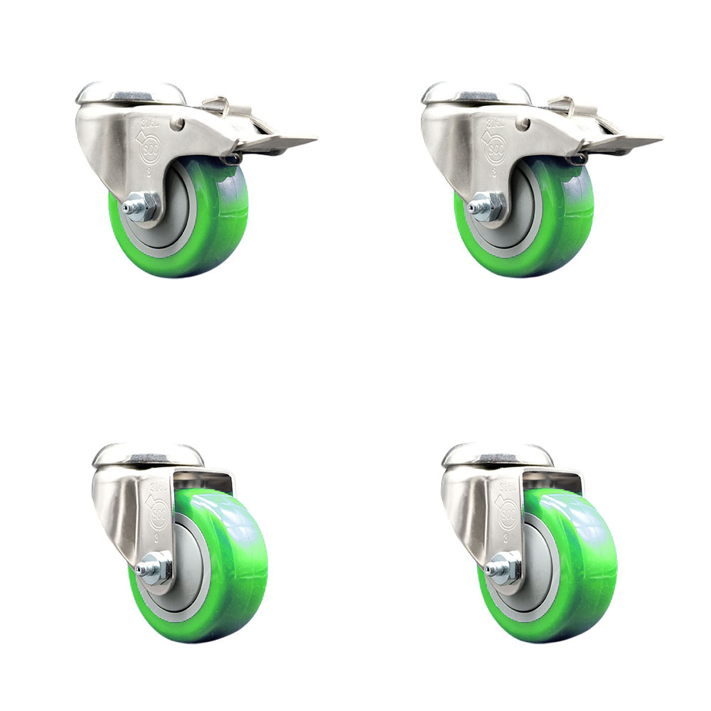 SCC-SS316BHTTL20S314-PPUB-GRN-2-S-2 Polyurethane Swivel Bolt Hole Caster with 3 in. Green Caster Wheels - 316 Stainless Steel Casters - Set of 4