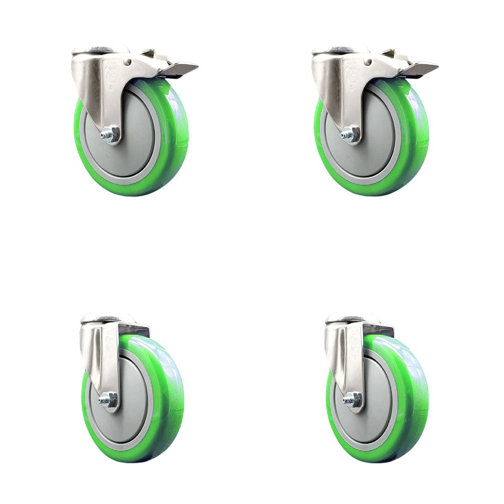 SCC-SS316BHTTL20S514-PPUB-GRN-2-S-2 Polyurethane Swivel Bolt Hole Caster with 5 in. Green Caster Wheels - 316 Stainless Steel Casters - Set of 4
