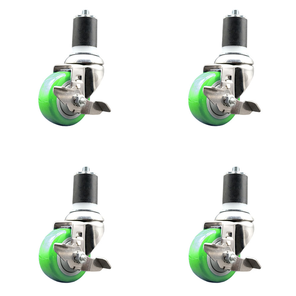 Polyurethane Swivel Stem Caster with 3 in. Green Caster Wheels, 1.75 in. Expanding Stems - 316 Stainless Steel Casters - Set of 4