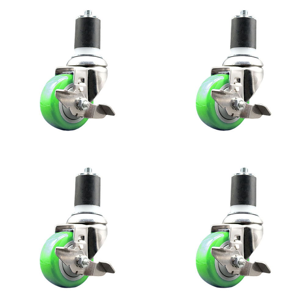 Polyurethane Swivel Stem Caster with 3 in. Green Caster Wheels, 1.87 in. Expanding Stems - 316 Stainless Steel Casters - Set of 4