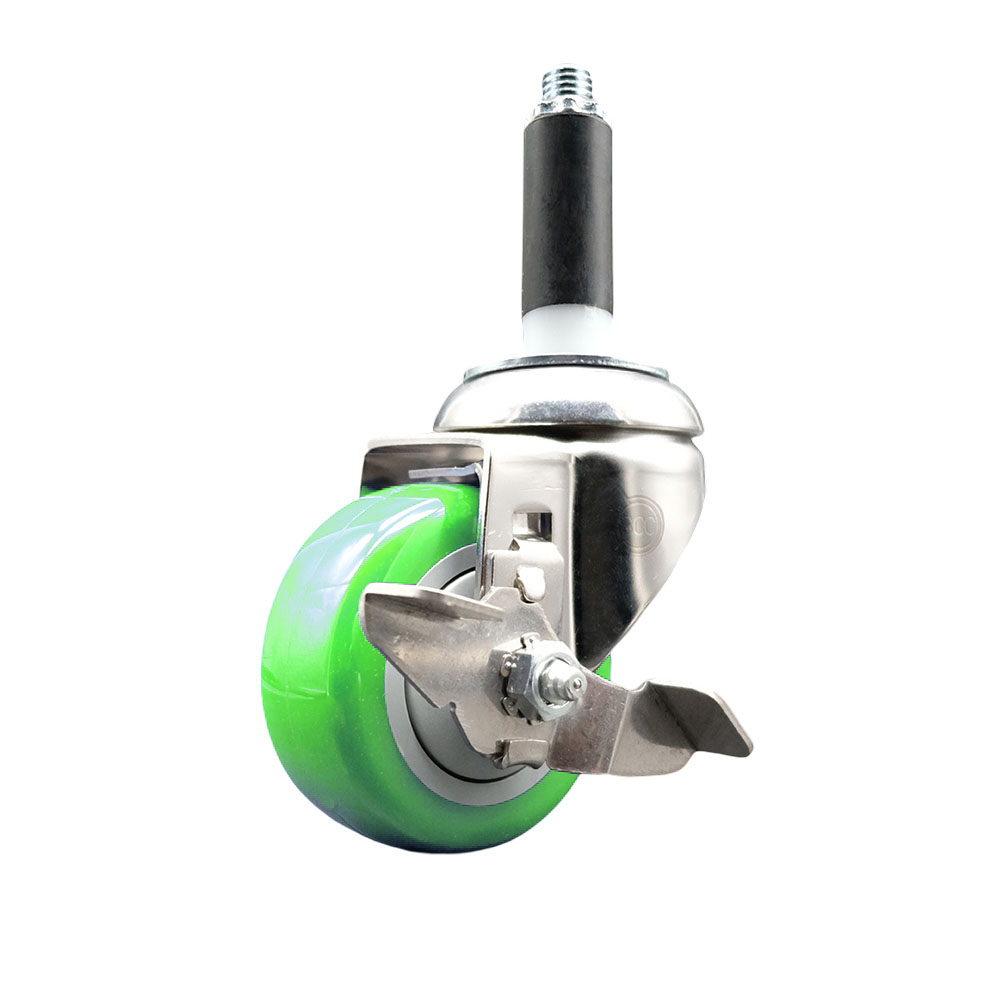 Polyurethane Swivel Stem Caster with 3 in. Green Caster Wheels & Top Lock Brake, 0.87 in. Expanding Stem - 316 Stainless Steel Caster