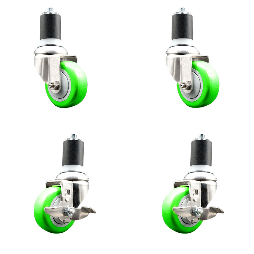 Polyurethane Swivel Stem Caster with 3.5 in. Green Caster Wheels, 1.75 in. Expanding Stems - 316 Stainless Steel Casters - Set of 4