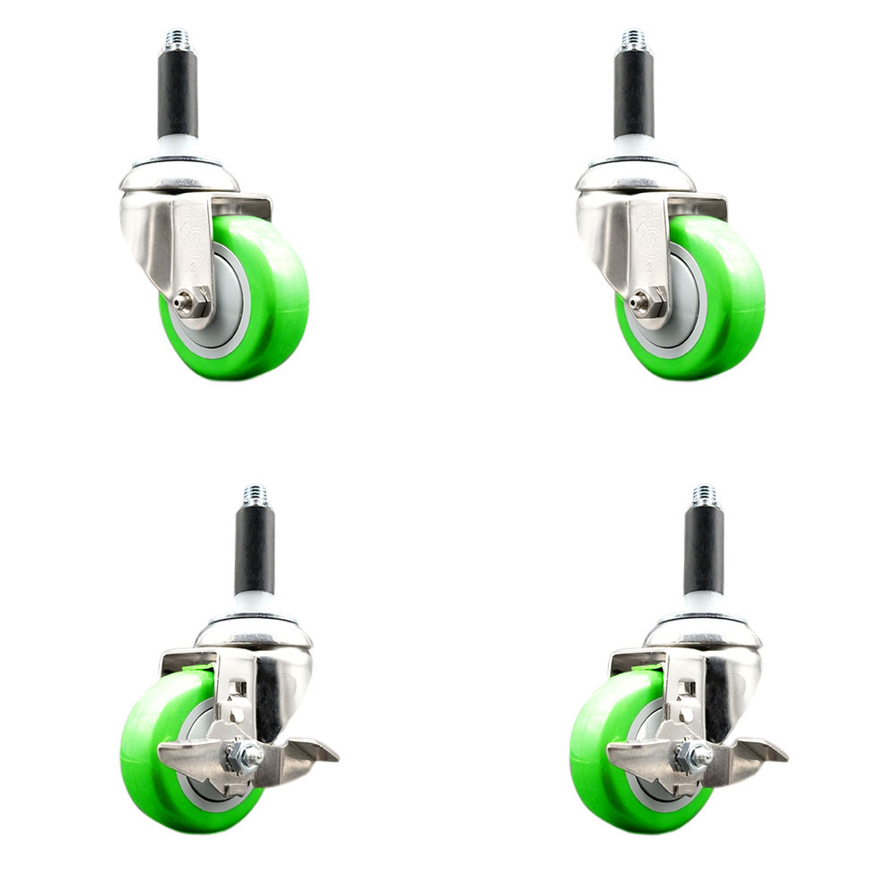 Polyurethane Swivel Stem Caster with 3.5 in. Green Caster Wheels, 0.75 in. Expanding Stems - 316 Stainless Steel Casters - Set of 4