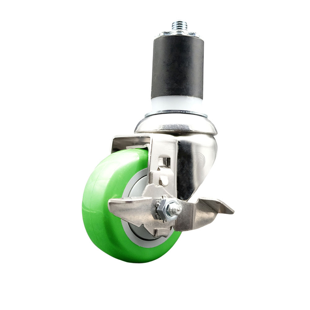 Polyurethane Swivel Stem Caster with 3.5 in. Green Caster Wheels & Top Lock Brake, 1.75 in. Expanding Stem - 316 Stainless Steel Caster